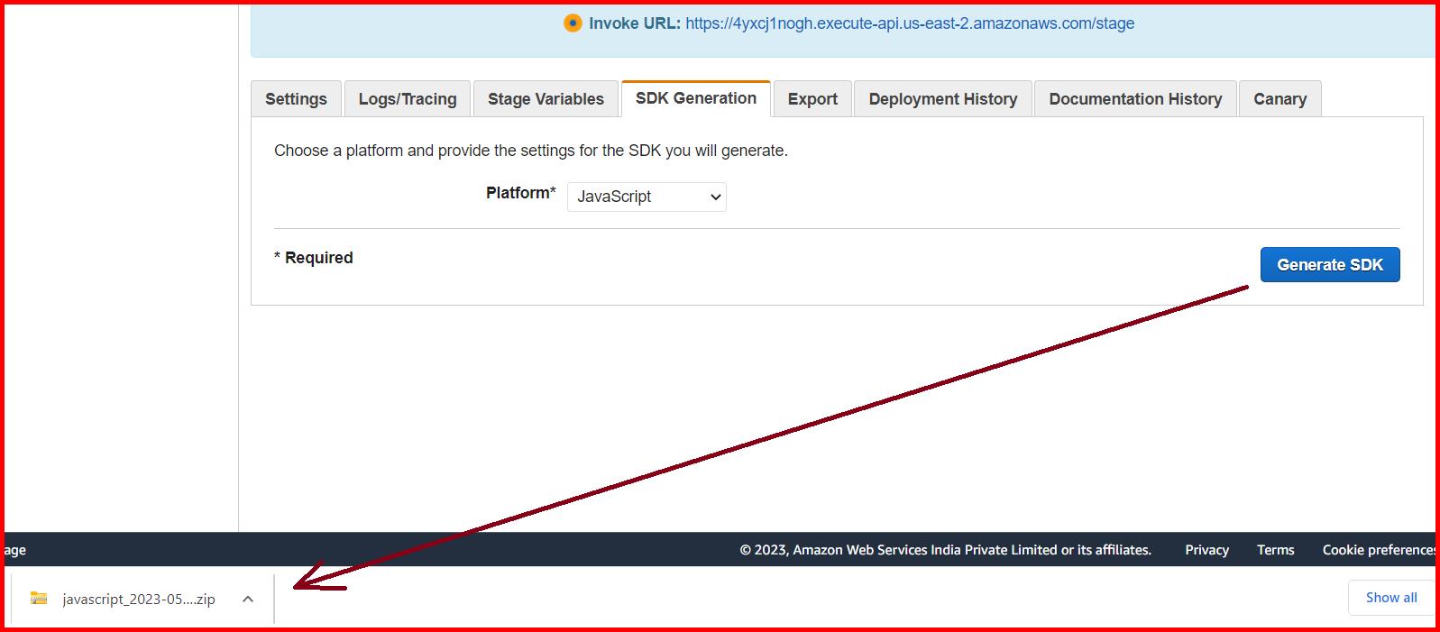 Picture showing the SDK is downloaded when the Generate SDK button is clicked